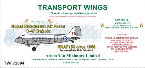 AIM - Transport Wings TWF72004 1:72 Royal Rhodesian Air Force C-47 Dakota (Circa 1956) Decal Set
