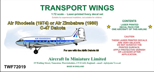 AIM - Transport Wings TWF72019 1:72 Air Rhodesia (Circa 1974) and Air Zimbabwe (Circa 1980) C-47 Decal Set