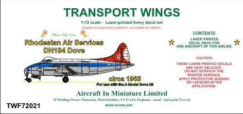 AIM - Transport Wings TWF72021 1:72 Rhodesian Air Services de Havilland DH-104 Dove (Circa 1965) Decal Set