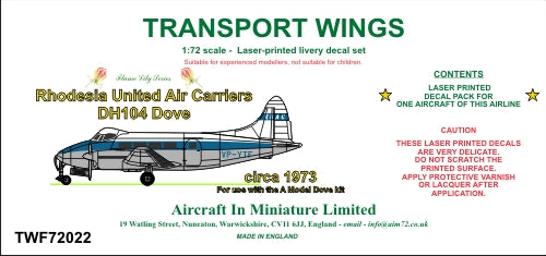 AIM - Transport Wings TWF72022 1:72 Rhodesia United Air Carriers (RUAC) de Havilland DH-104 Dove (Circa 1973) Decal Set