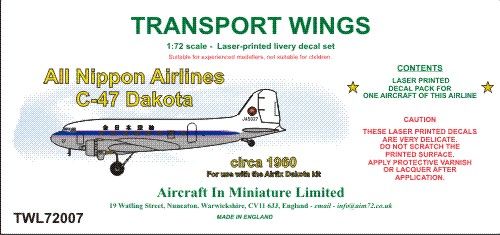 AIM - Transport Wings TWL72007 1:72 All Nippon Airways C-47 Dakota (Circa 1960) Decal Set