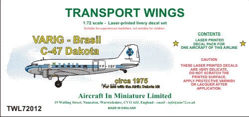 AIM - Transport Wings TWL72012 1:72 VARIG (Brasil) C-47 Dakota (Circa 1965) Decal Set