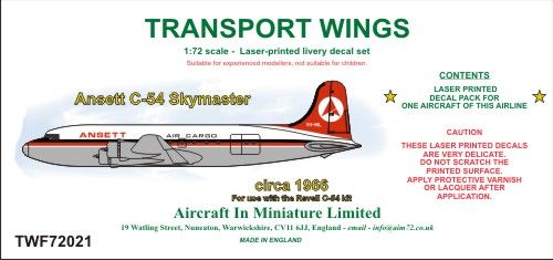 AIM - Transport Wings TWL72021 1:72 Ansett C-54 Skymaster (Circa 1966) Decal Set