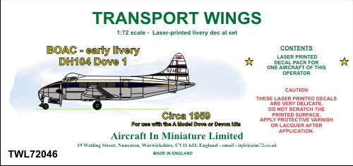 AIM - Transport Wings TWL72046 1:72 BOAC - Early Livery de Havilland DH-104 Dove 1 Circa 1959 Decal Set