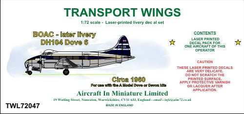 AIM - Transport Wings TWL72047 1:72 BOAC - Later Livery de Havilland DH-104 Dove 6 Circa 1960 Decal Set