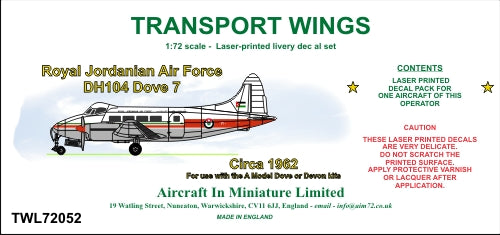 AIM - Transport Wings TWL72052 1:72 Royal Jordanian Air Force de Havilland DH-104 Dove 7 Circa 1975 Decal Set