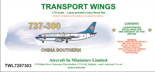 AIM - Transport Wings TWL7207303 1:72 Boeing 737-300 China Southern Decal Set