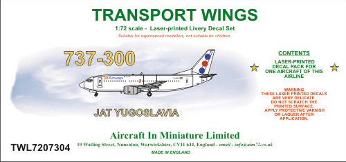 AIM - Transport Wings TWL7207304 1:72 Boeing 737-300 JAT Airways Decal Set
