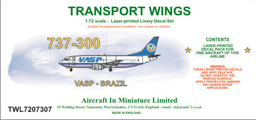 AIM - Transport Wings TWL7207307 1:72 Boeing 737-300 VASP of Brasil Decal Set