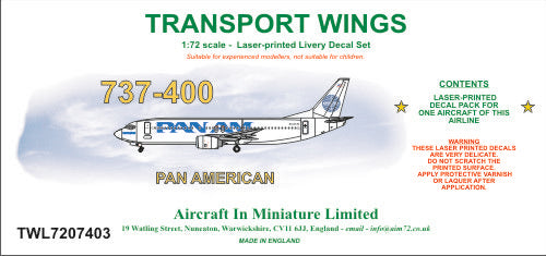 AIM - Transport Wings TWL7207403 1:72 Boeing 737-400 Pan Am Decal Set