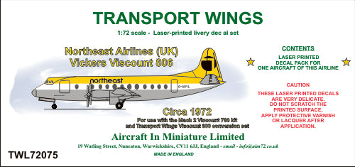 AIM - Transport Wings TWL72075 1:72 Northeast Airlines (UK) Vickers Viscount 806 - Circa 1972 Decal Set