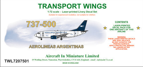 AIM - Transport Wings TWL7207501 1:72 Boeing 737-500 Aerolineas Argentinas Decal Set