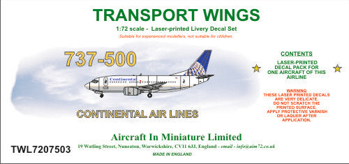 AIM - Transport Wings TWL7207503 1:72 Boeing 737-500 Continental Decal Set