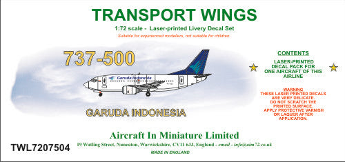 AIM - Transport Wings TWL7207504 1:72 Boeing 737-500 Garuda Indonesia Decal Set