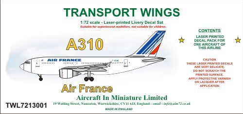 AIM - Transport Wings TWL7213001 1:72 Airbus A310 Air France Decal Set