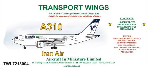 AIM - Transport Wings TWL7213004 1:72 Airbus A310 Iran Air Decal Set