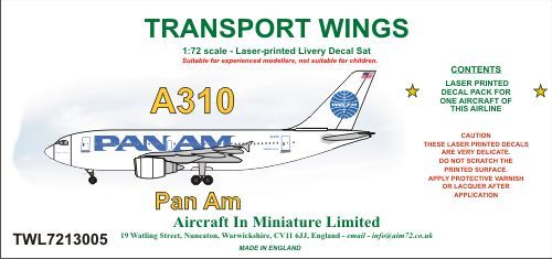AIM - Transport Wings TWL7213005 1:72 Airbus A310 Pan Am Decal Set