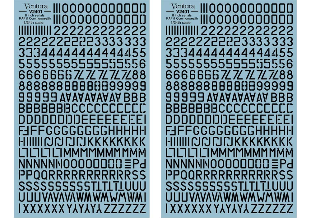 Ventura VA2401 1:24 Eight inch serials - Black.  Two 125 x 200mm sheets are included.