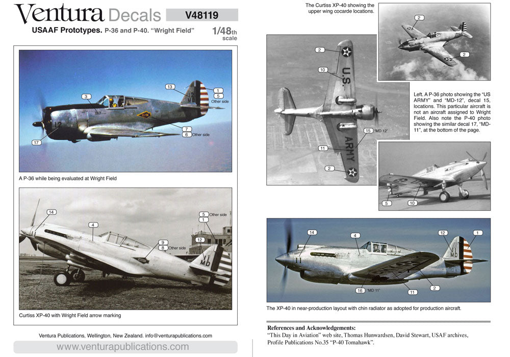 Ventura VA48119 1:48 USAAF Prototypes. P-36 and P-40. “Wright Field” arrow markings.