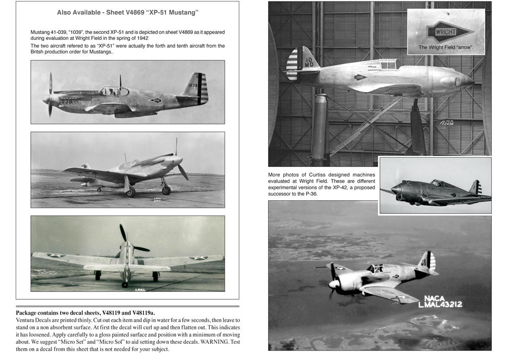 Ventura VA48119 1:48 USAAF Prototypes. P-36 and P-40. “Wright Field” arrow markings.