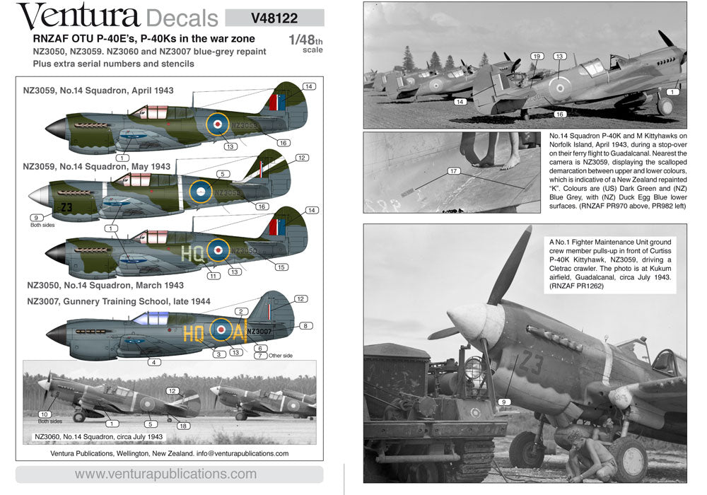 Ventura VA48122 1:48 RNZAF Curtiss P-40E, Kittyhawk home based OTU & three P-40Ks