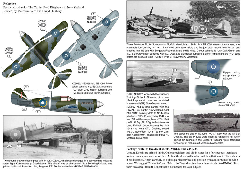 Ventura VA48122 1:48 RNZAF Curtiss P-40E, Kittyhawk home based OTU & three P-40Ks