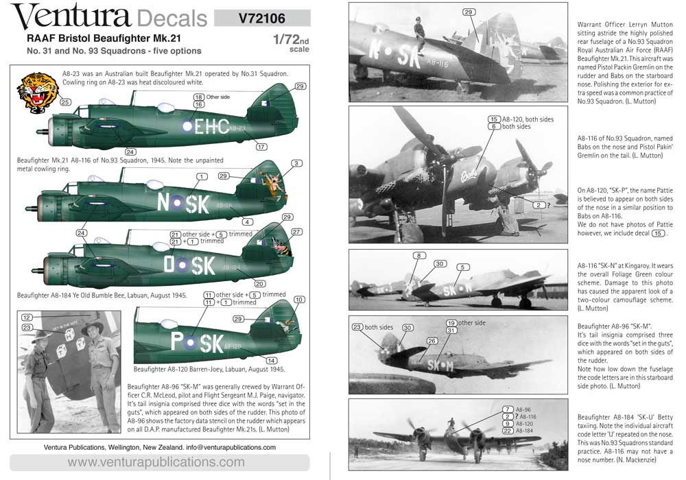 Ventura V72106 1:72 RAAF Bristol Beaufighter Mk.21 - five options.
