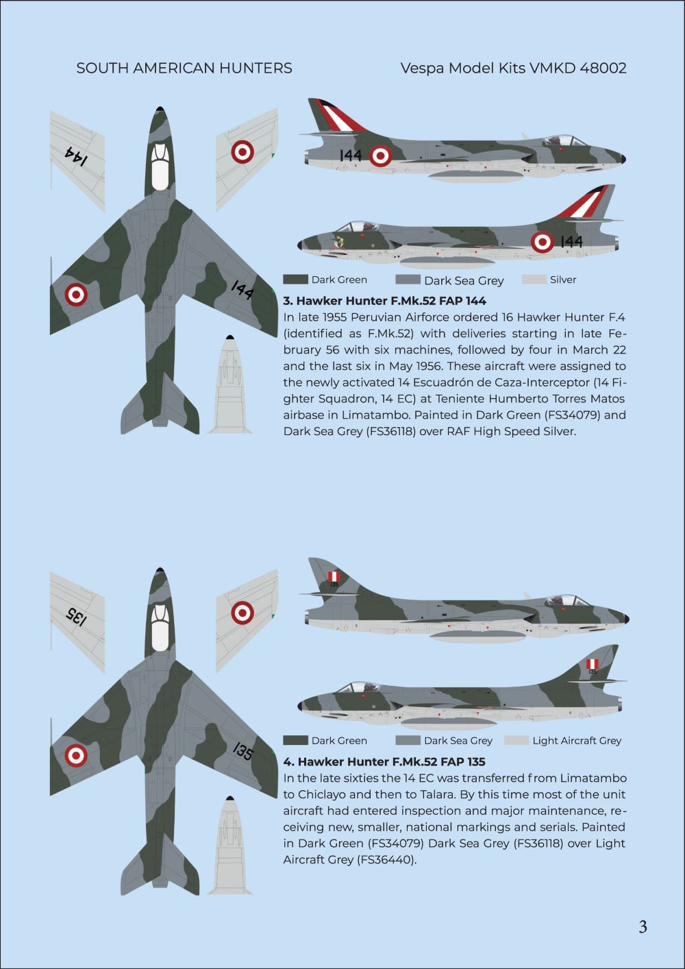 Vespa Models VD48002 1:48 South American Hawker Hunters. T Mk.62/ F Mk.52/ F Mk.71/