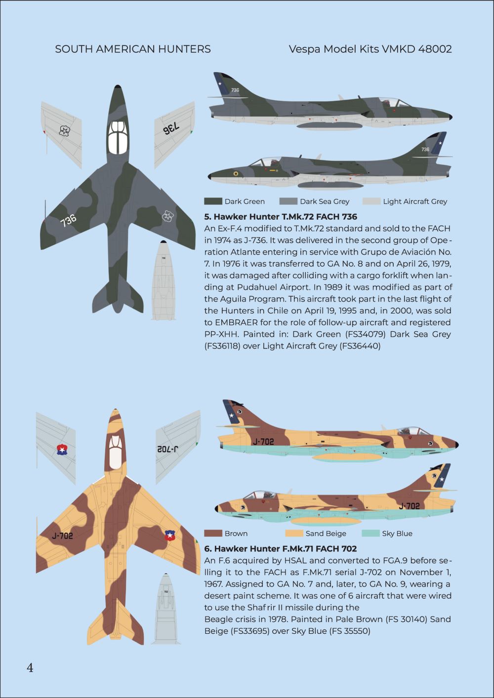 Vespa Models VD48002 1:48 South American Hawker Hunters. T Mk.62/ F Mk.52/ F Mk.71/