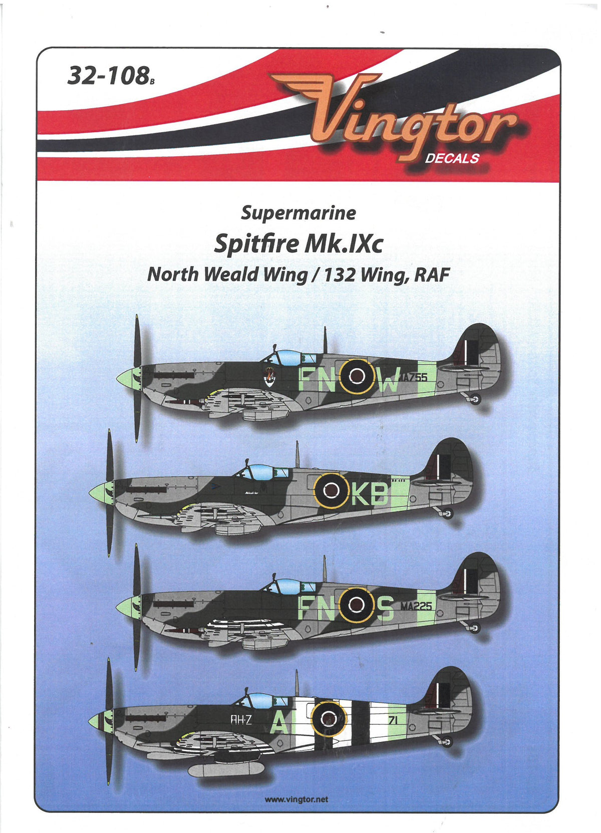 Vingtor Decals 32-108 1:32 Supermarine Spitfire Mk.IXc North Weald 132 Wing RAF