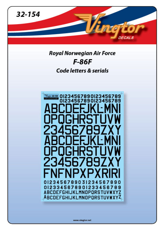 Vingtor Decals 32-154 1:32 North-American F-86F Sabre, Squadron codes & serials, RNoAF