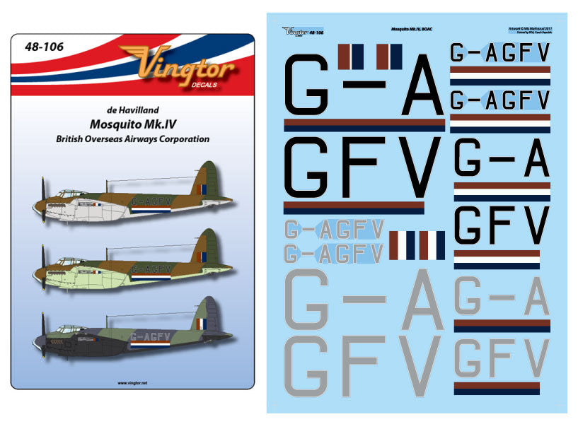 Vingtor Decals 48-106 1:48 de Havilland Mosquito Mk.IV British Overseas Airways Corporation G-AGFV in choice of 3 schemes