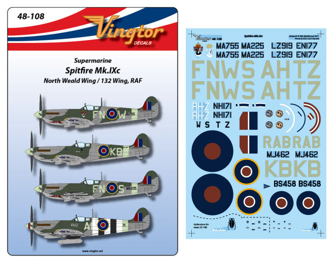 Vingtor Decals 48-108 1:48 Supermarine Spitfire Mk.IXc North Weald 132 Wing RAF