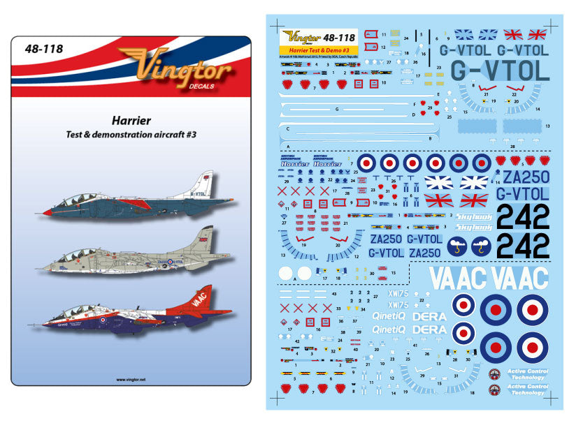 Vingtor Decals 48-118 1:48 BAe Harrier - Test & demonstration aircraft # 3