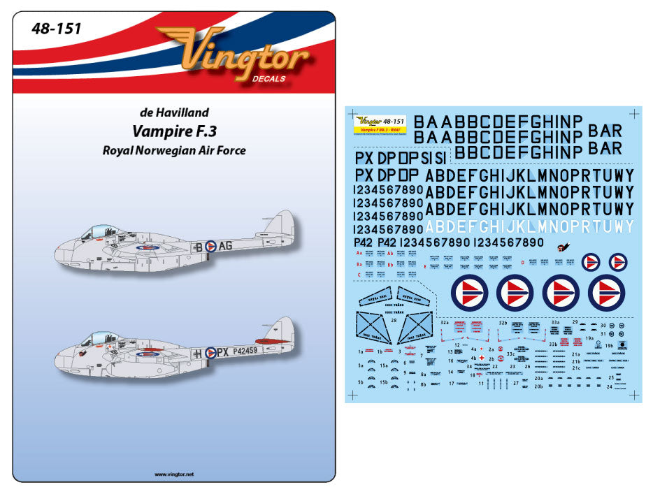 Vingtor Decals 48-151 1:48 de Havilland Vampire F.3 - RNAF