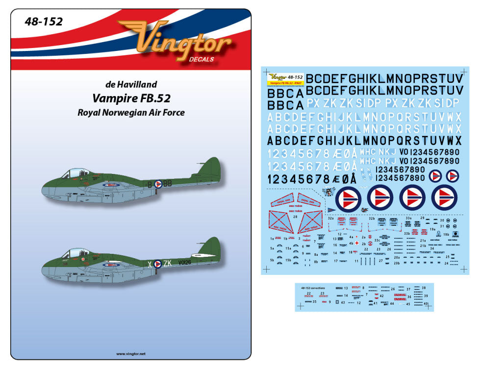 Vingtor Decals 48-152 1:48 de Havilland Vampire FB.52 - RNAF