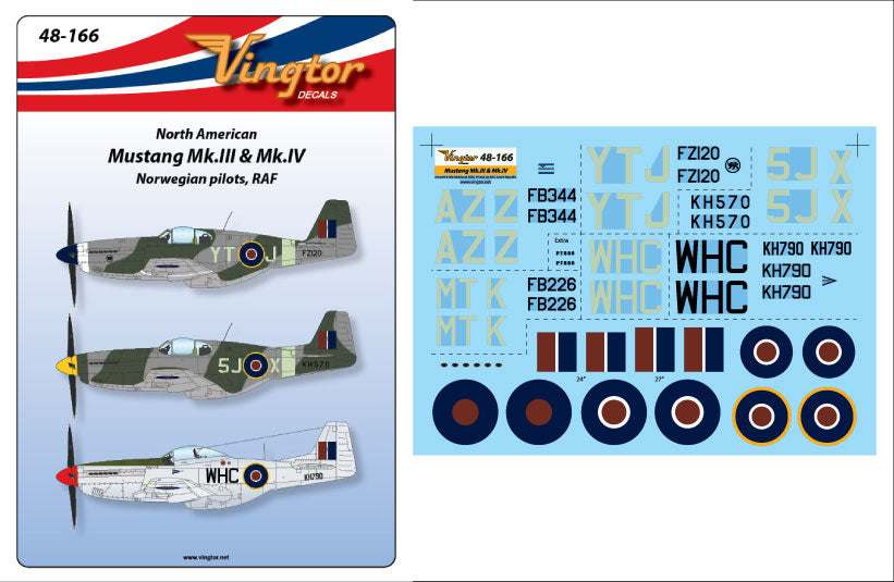 Vingtor Decals 48-166 1:48 North-American Mustang Mk.III & Mk.IV - Norwegian pilots, RAF
