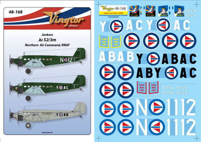 Vingtor Decals 48-168 1:48 Junkers Ju-52/3m - Northern Air Command, RNAF