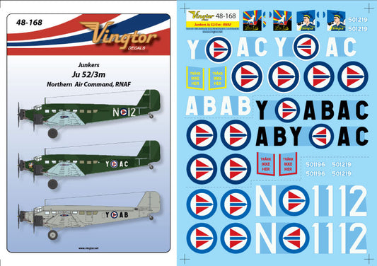Vingtor Decals 48-168 1:48 Junkers Ju-52/3m - Northern Air Command, RNAF