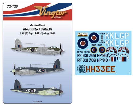 Vingtor Decals 72-125 1:72 de Havilland Mosquito Mk.VI - 333 (N) Sqn. RAF, Spring 1945 -