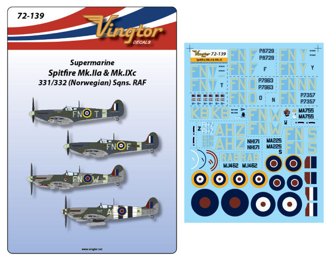 Vingtor Decals 72139 1:72 Supermarine Spitfire Mk.IIa & Mk.IXc, 331/332 (Norwegian) Sqns. RAF