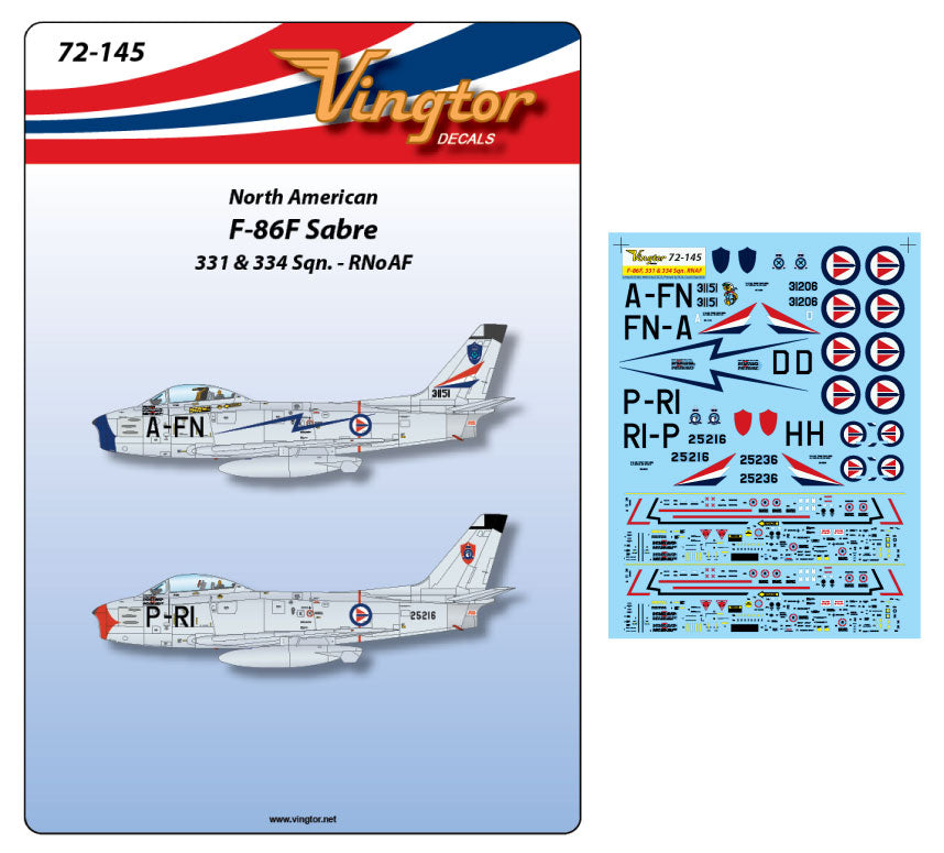 Vingtor Decals 72145 1:72 North-American F-86F Sabre, 331 & 334 Sqns. RNoAF