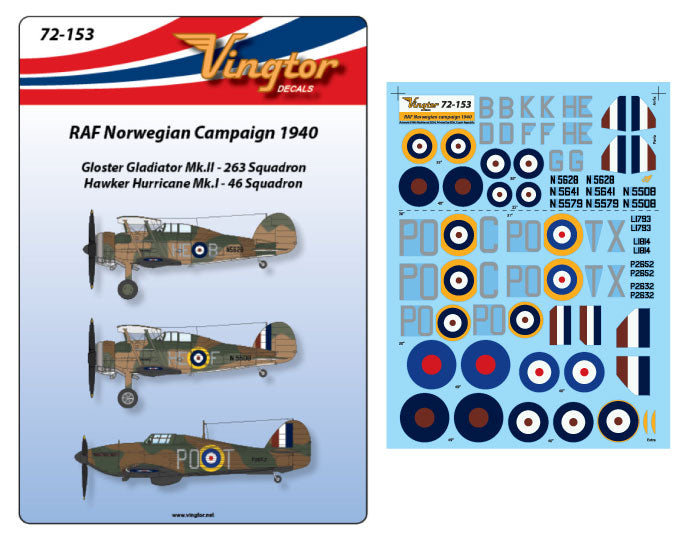 Vingtor Decals VTH72153 1:72 RAF Norwegian Campaign 1940 - Gloster Gladiator Mk.II & Hawker Hurricane Mk.I