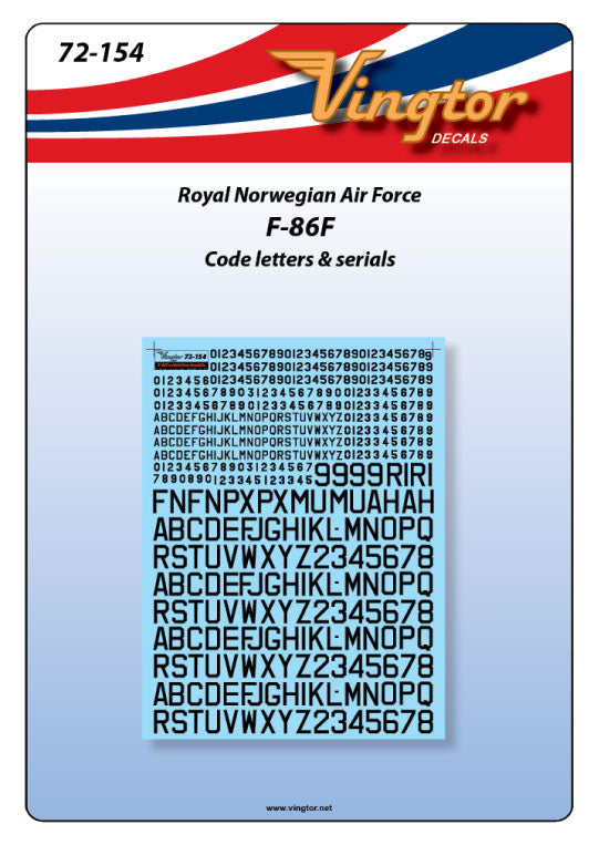 Vingtor Decals 72154 1:72 North-American F-86F Sabre, Squadron codes & serials, RNoAF