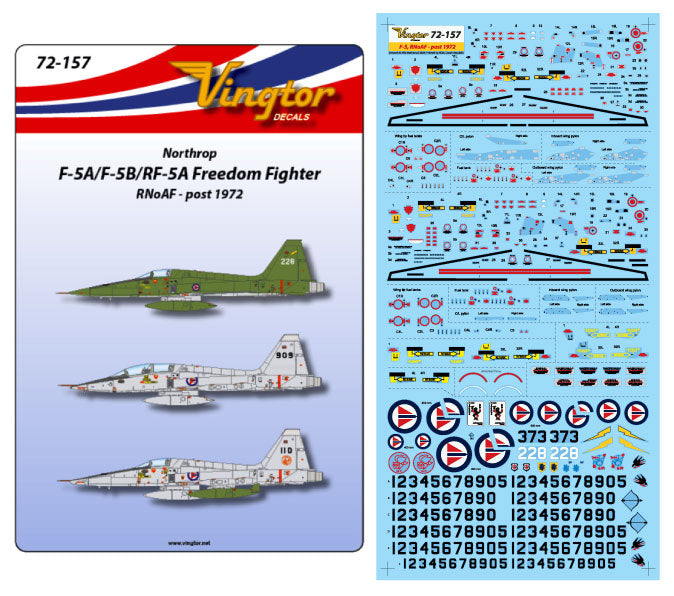 Vingtor Decals 72-157 1:72 Northrop F-5A/F-5B/RF-5A Freedom Fighter, RNoAF - post 1972