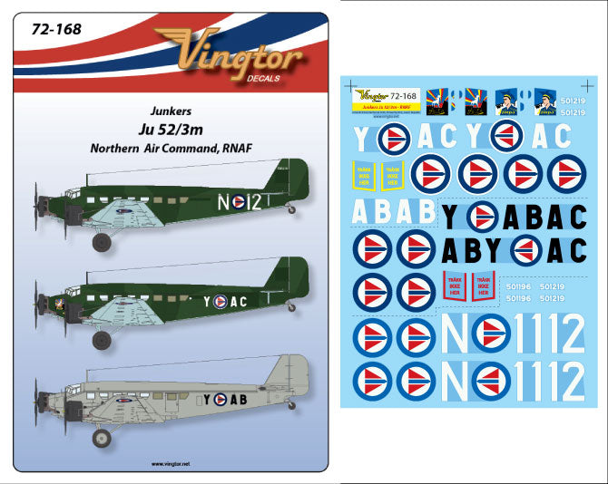 Vingtor Decals 72-168 1:72 Junkers Ju-52/3m - Northern Air Command, RNAF