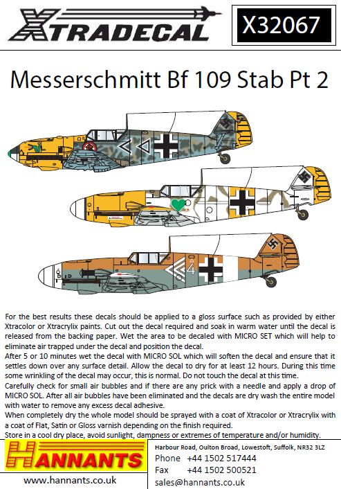 Xtradecal 32067 1:32 Messerschmitt Bf-109's with Stab Markings Part 2