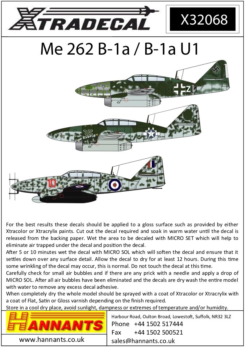 Xtradecal 32068 1:32 Messerschmitt Me-262B-1a