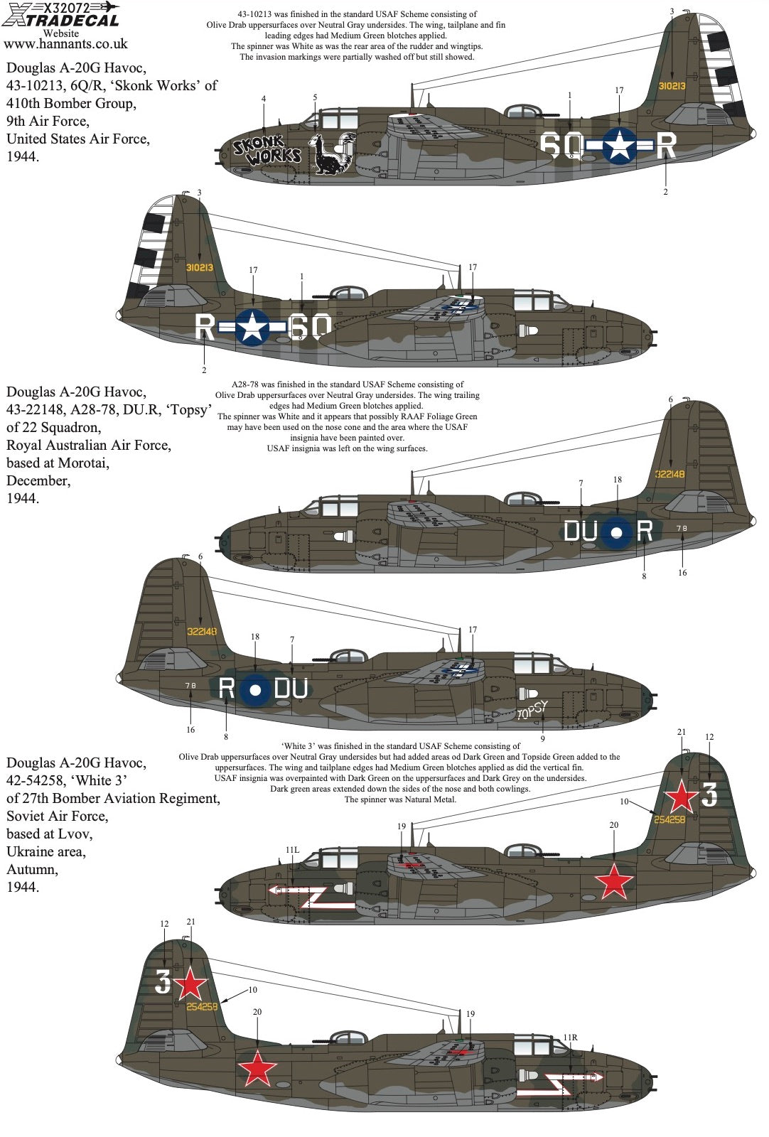 Xtradecal X32072 1:32 Douglas A-20G Havoc Collection