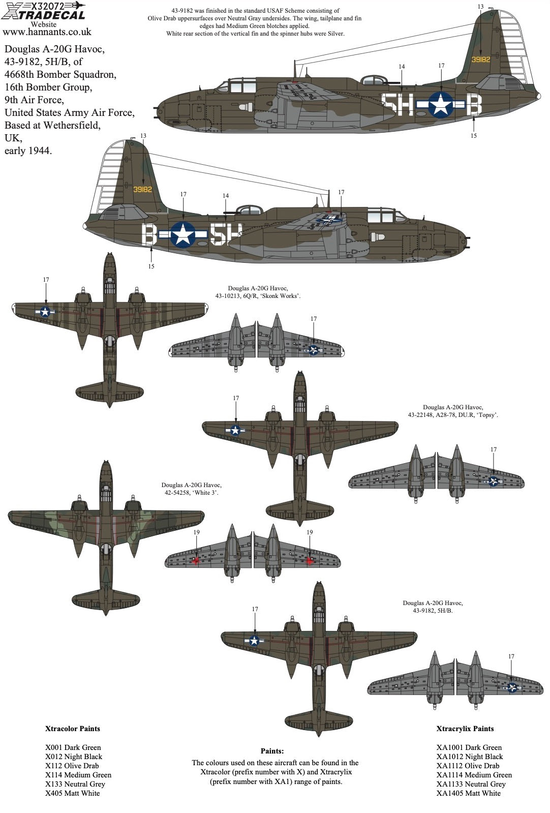 Xtradecal X32072 1:32 Douglas A-20G Havoc Collection